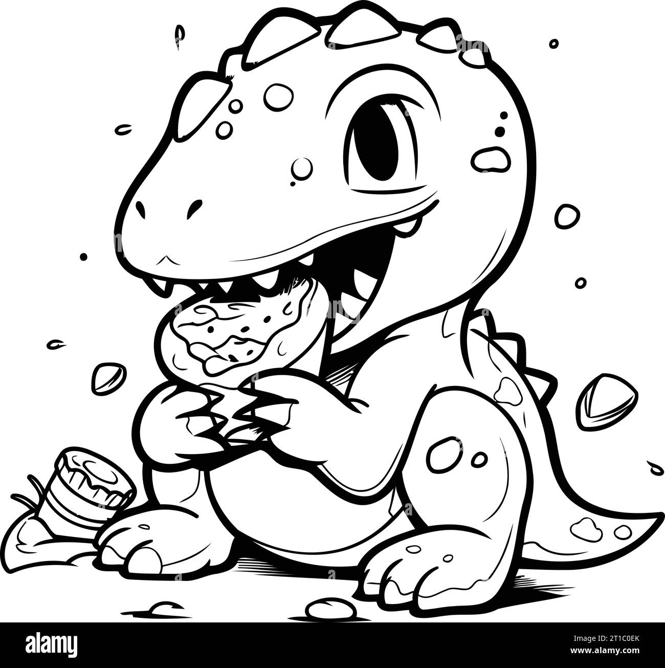 Cartoon dinosaur eating ice cream. Vector illustration on white