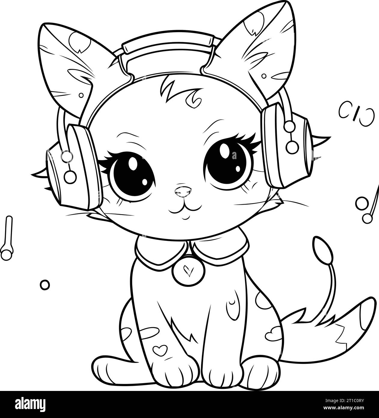 Cute cartoon cat with headphones. Vector illustration for coloring book