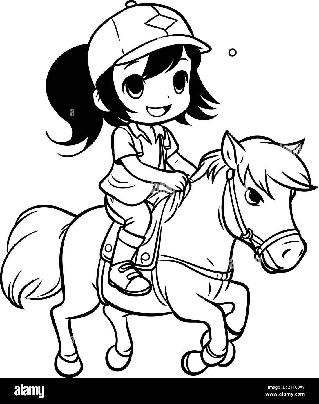 Black and White Cartoon Illustration of Little Girl Riding a Horse