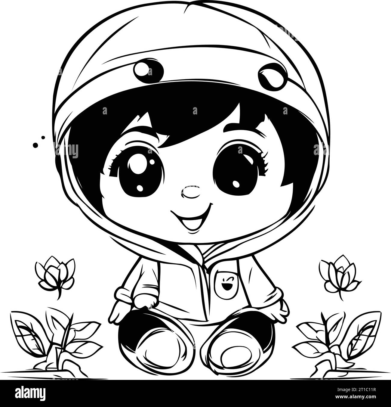 cute little girl wearing astronaut helmet. vector illustration in black and white Stock Vector