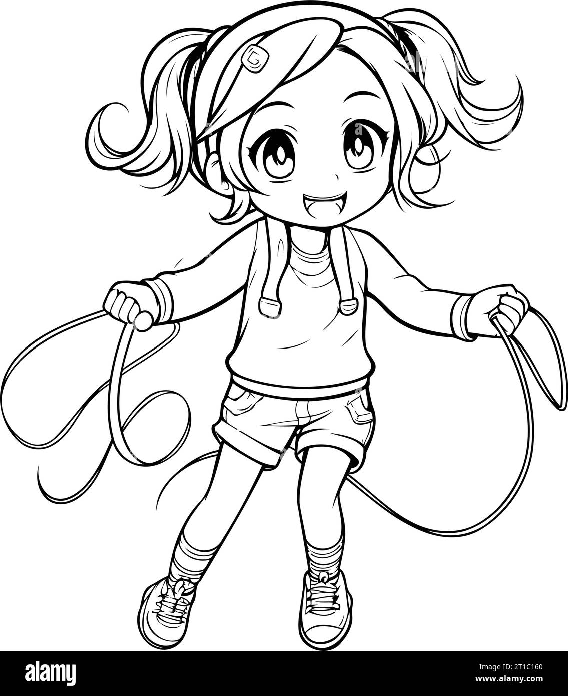 Coloring Page Outline Of a Cute Little Girl Skipping Rope Stock Vector