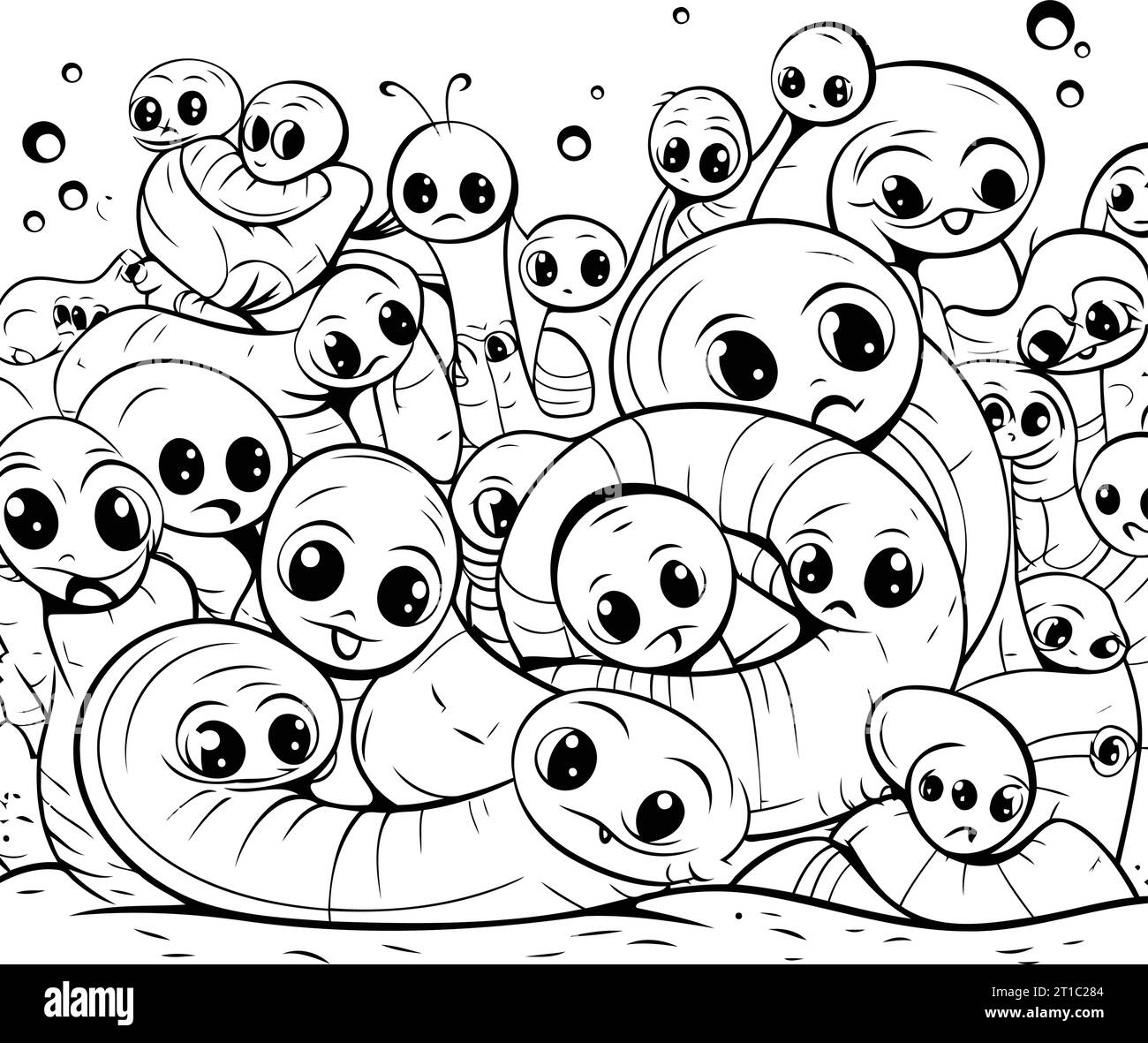 Black and white illustration of a group of funny cartoon caterpillars. Stock Vector