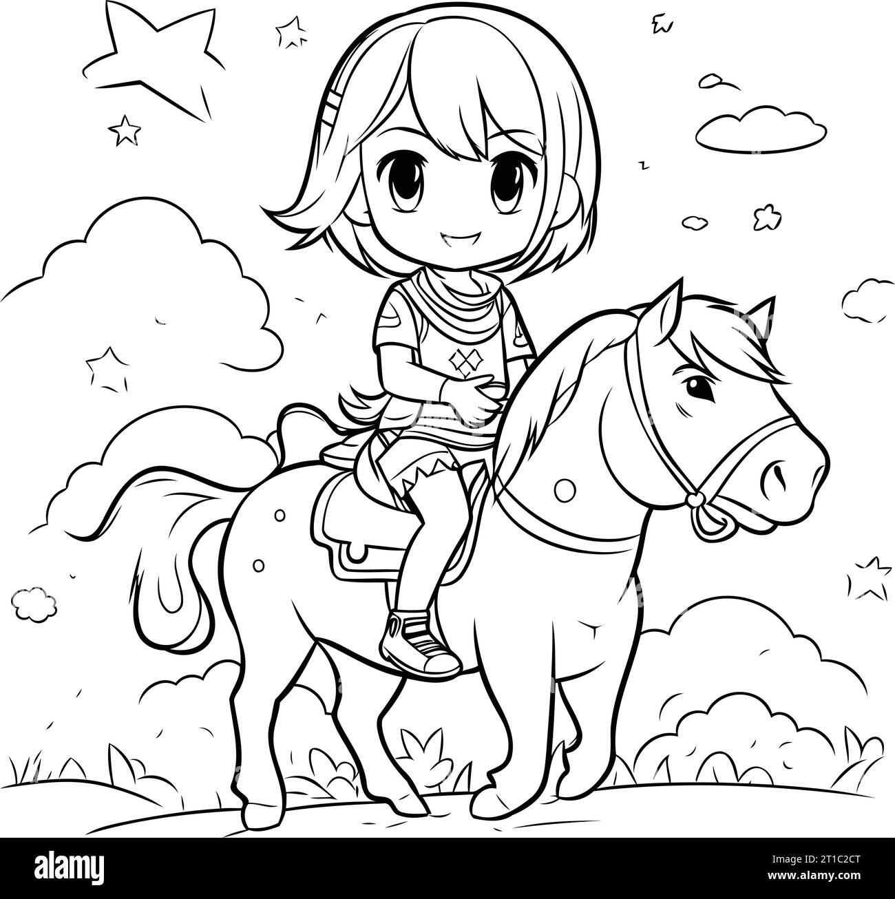 Coloring Page Outline Of a Cute Little Girl Riding a Horse Stock Vector