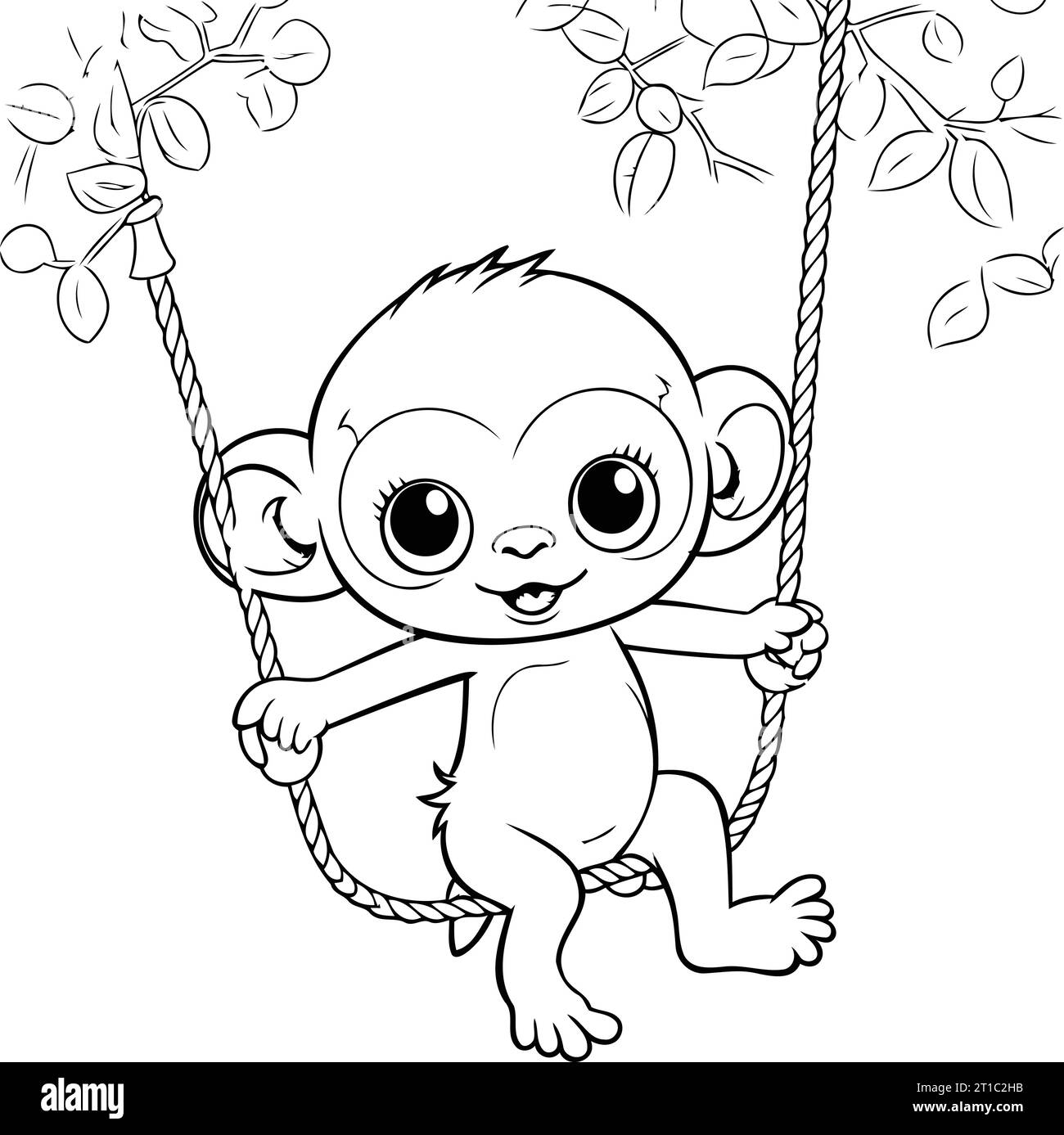Cute baby monkey swinging on a rope. Vector illustration for coloring