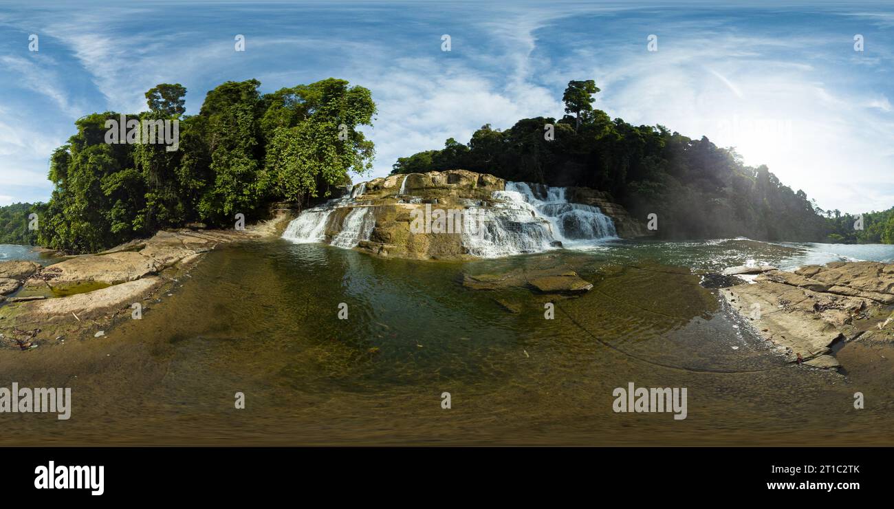 Rapid water stream over the bedrocks in Tinuy-an Falls in Bislig, Surigao del Sur. Philippines. VR 360. Stock Photo