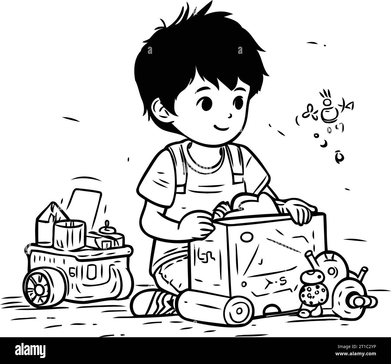 Little boy playing with toy car. Black and white vector illustration ...