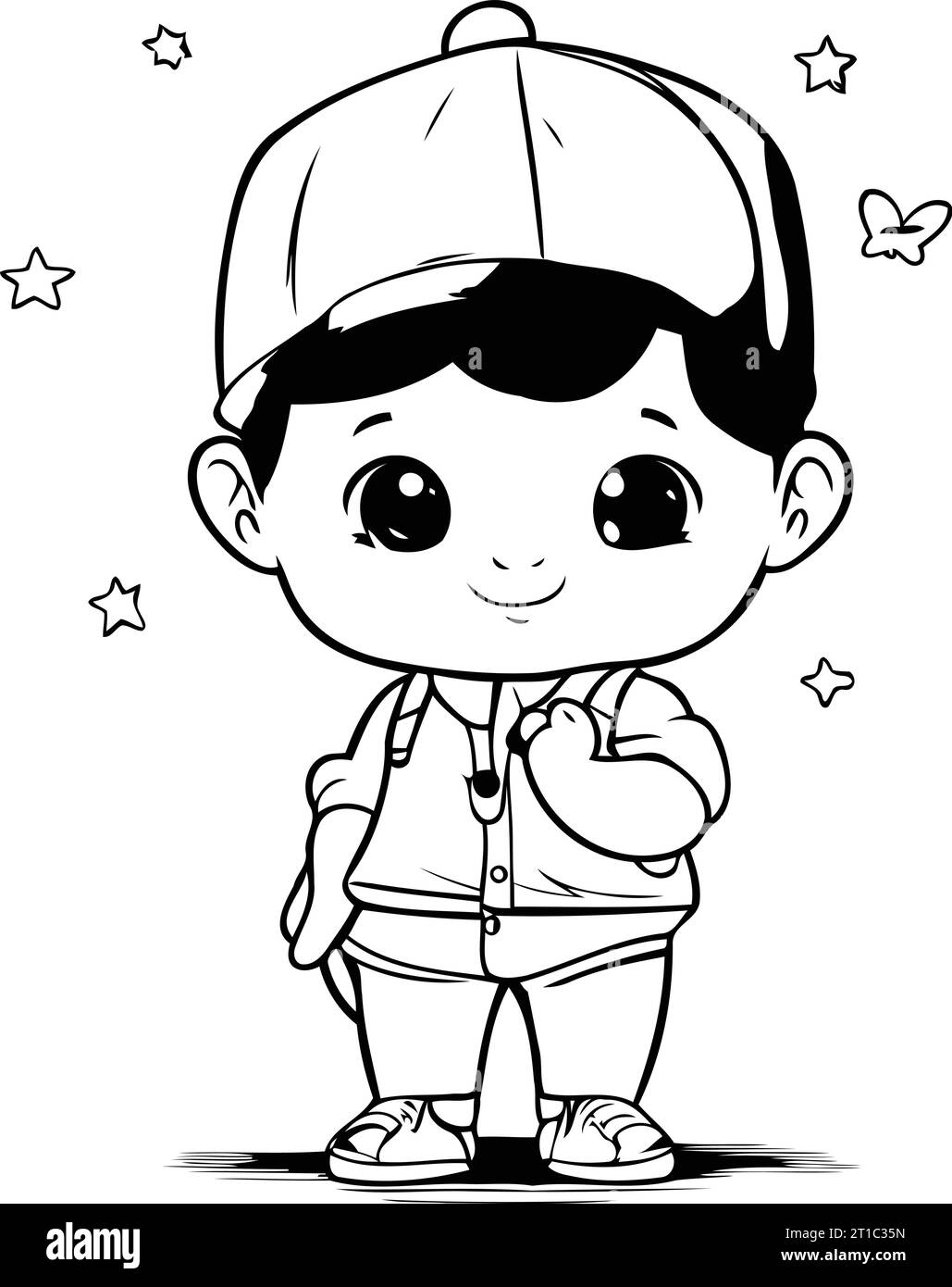 Cute cartoon boy wearing baseball cap and shorts. Vector illustration