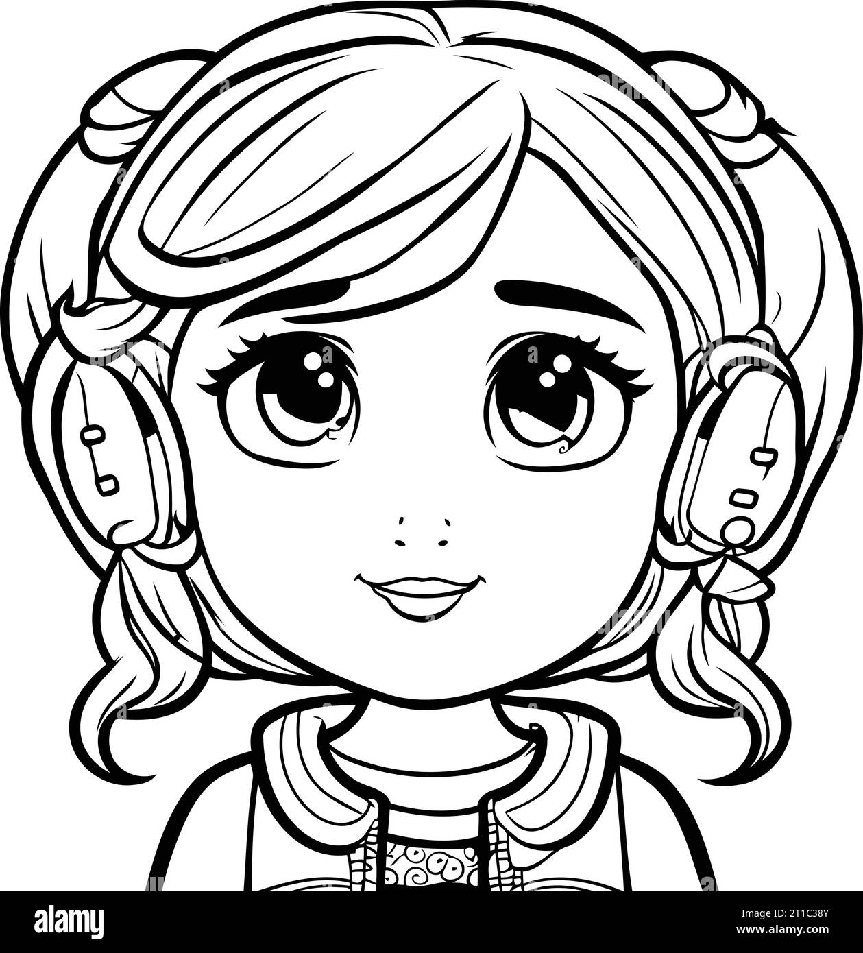 Cute cartoon girl with headphones. Vector illustration for coloring