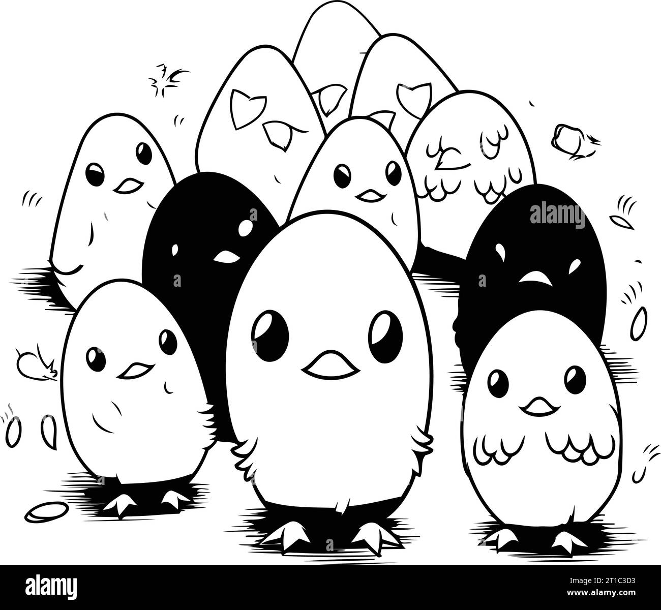 Penguins. Black and white illustration. Cute cartoon penguins Stock