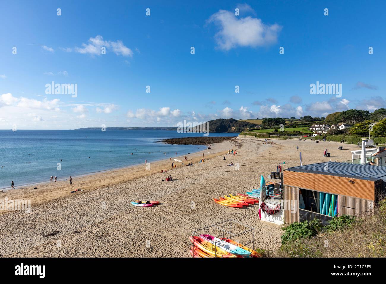 Gyllyngvase Beach in Falmouth cornwall, blue sky autumn day with views