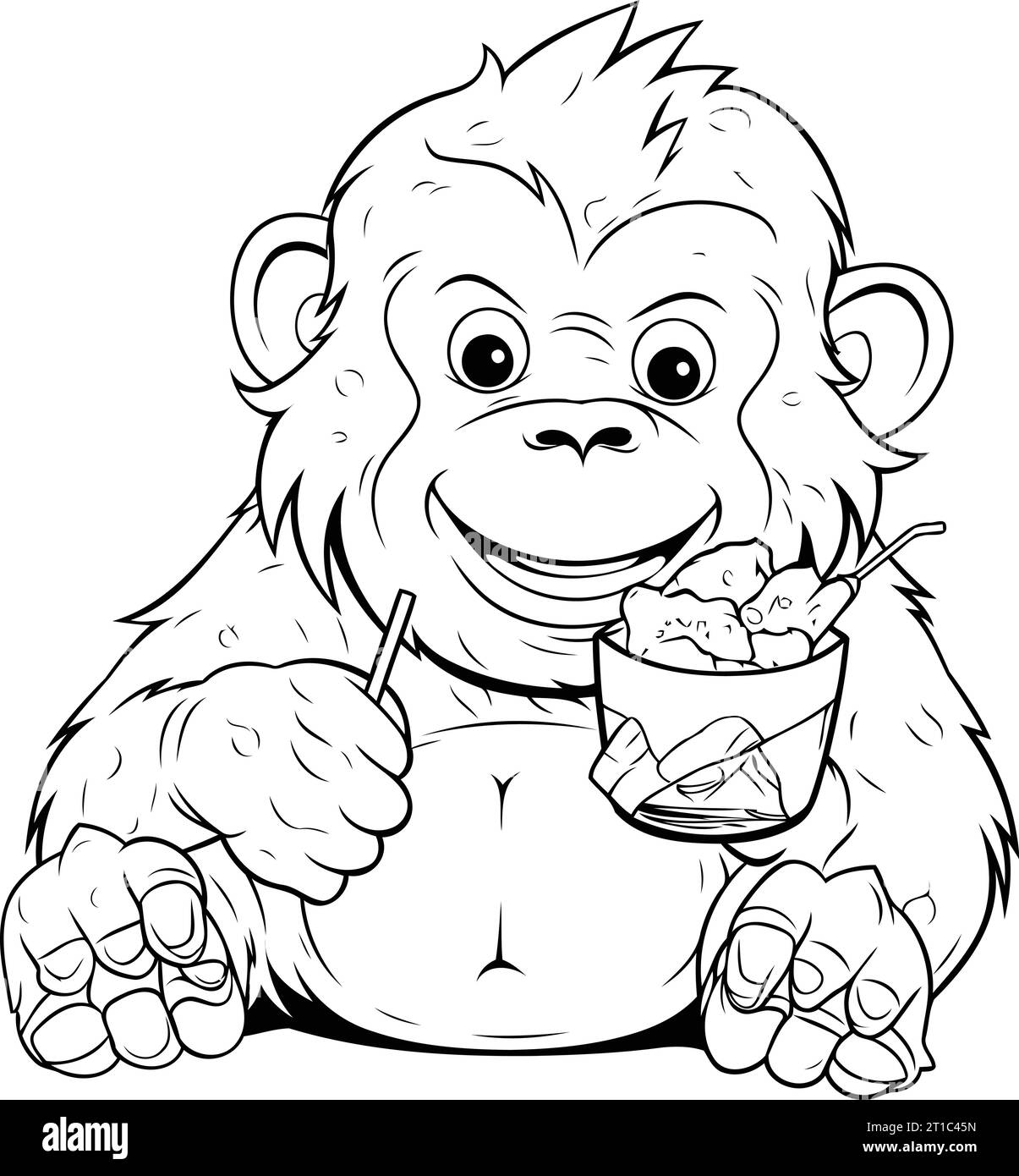 Monkey eating ice cream Coloring book for adults Illustration Stock