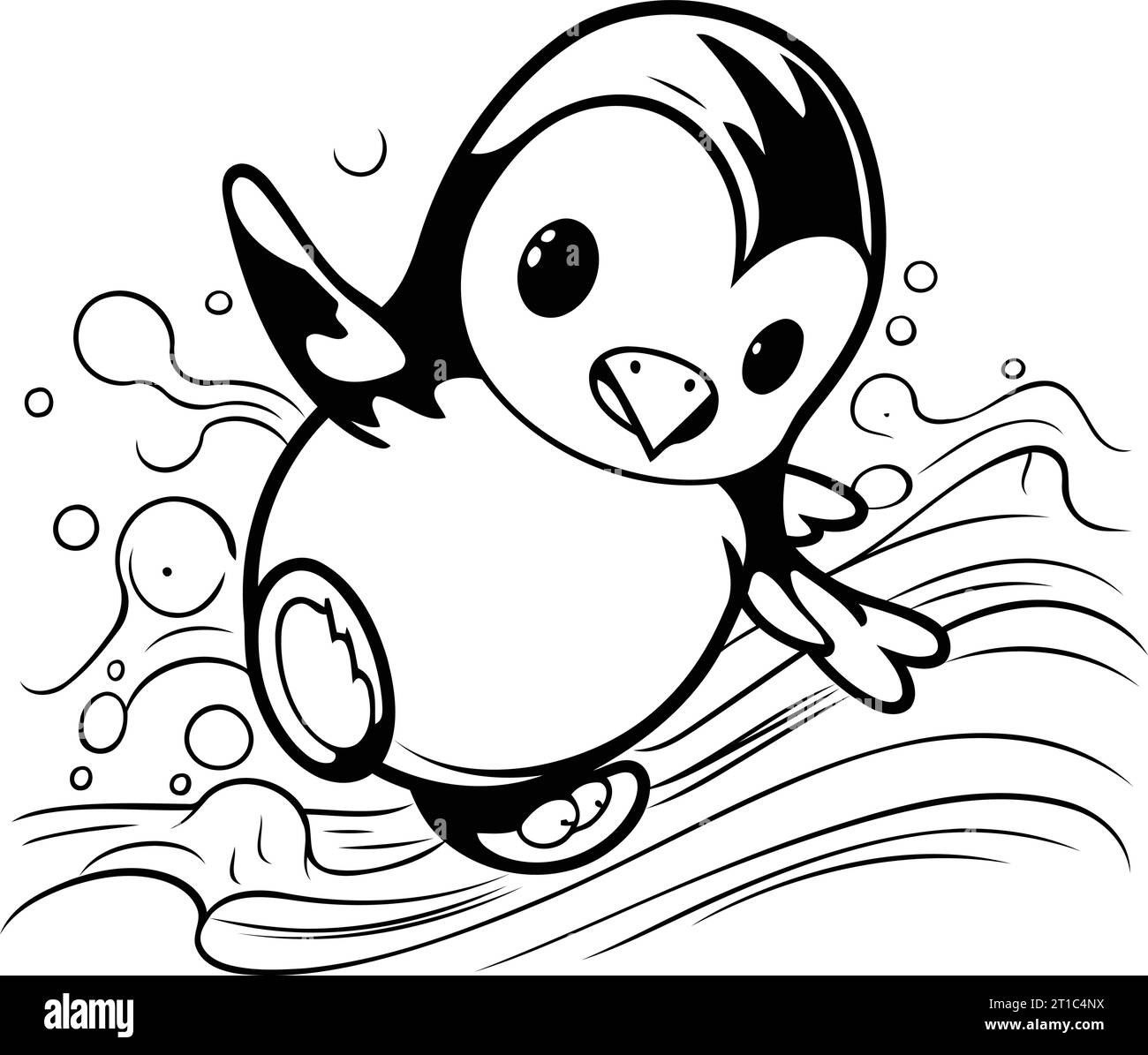 Cute penguin jumping on a wave. Black and white vector illustration