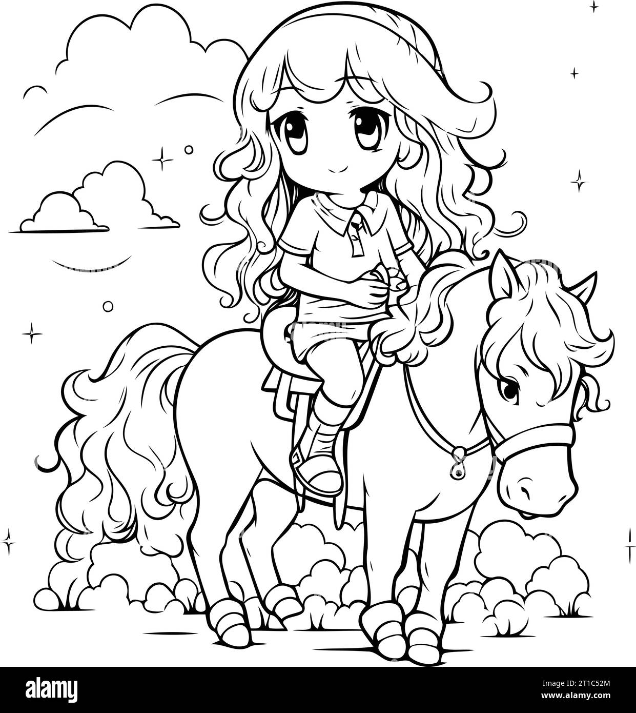 Little girl riding a horse. Vector illustration. Coloring book for
