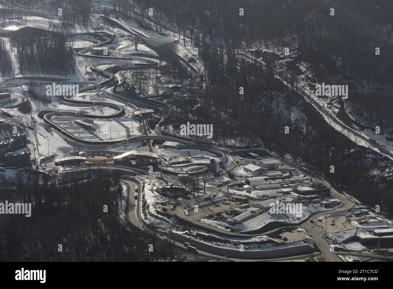Uebersicht Bob und Rodelbahn Sliding Center SANKI Olympische Winterspiele in Sochi, Russland am 06.02.2014 Stock Photo