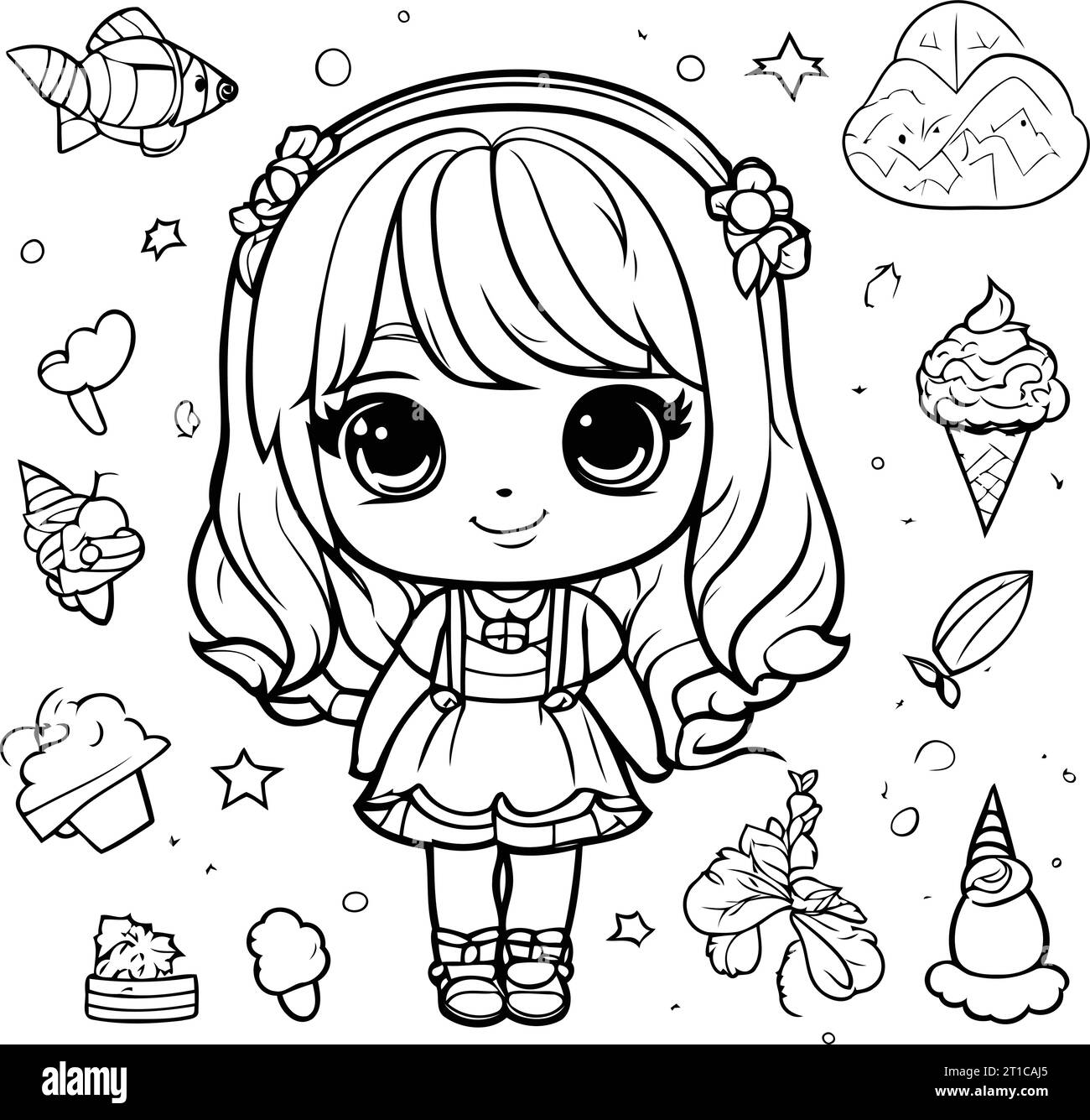 Cute cartoon girl with ice cream. Vector illustration for coloring book ...