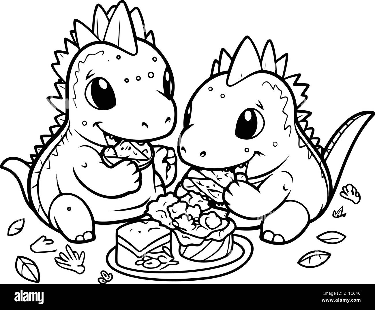 Cute cartoon dinosaurs eating pizza. Vector illustration for coloring