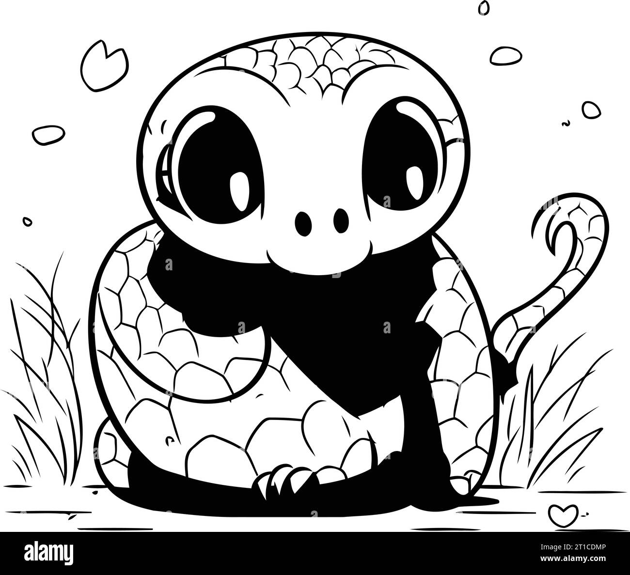 Cute cartoon snake. Black and white vector illustration isolated on white background. Stock Vector