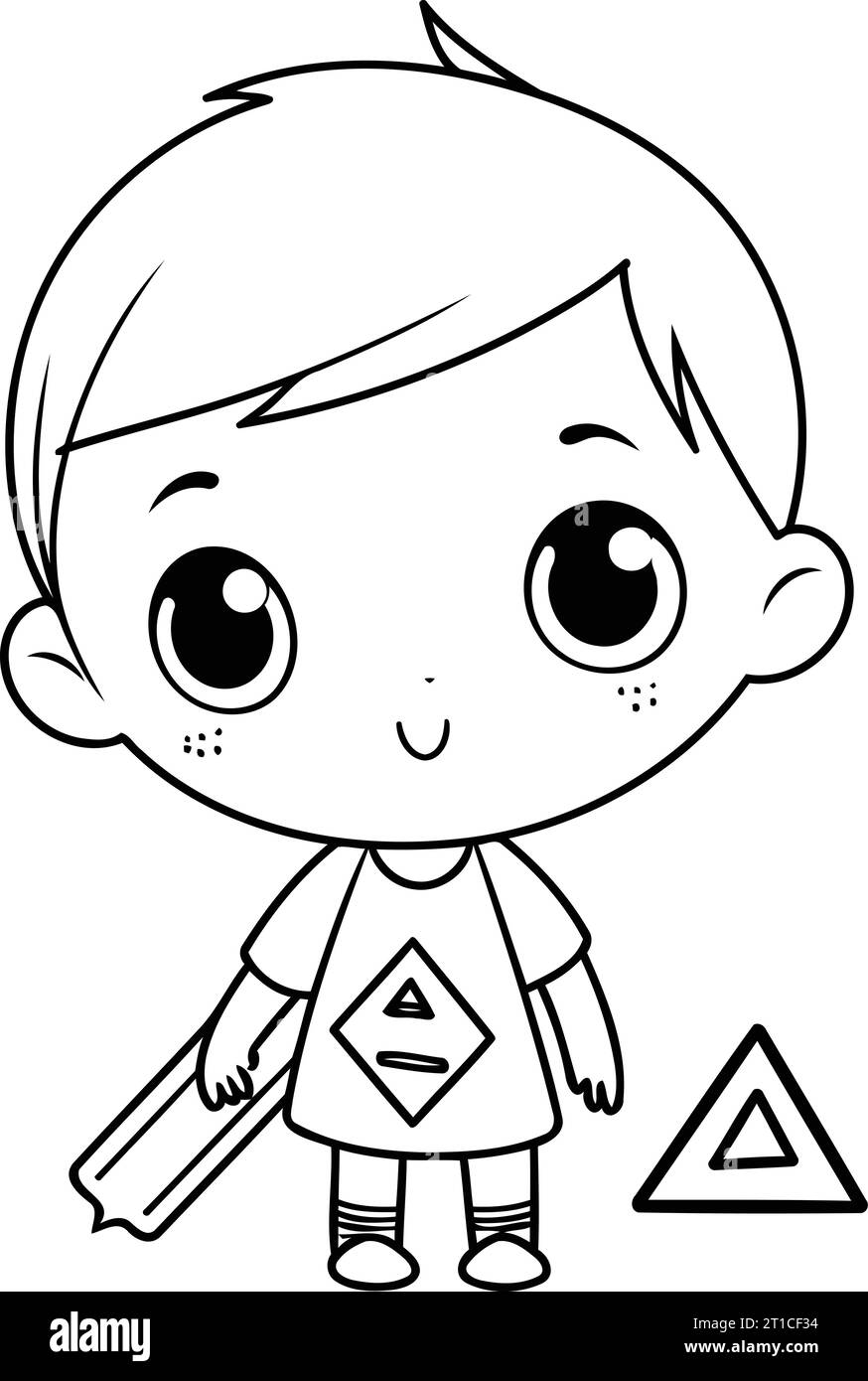 cute little boy with pencil and warning triangle vector illustration graphic design Stock Vector