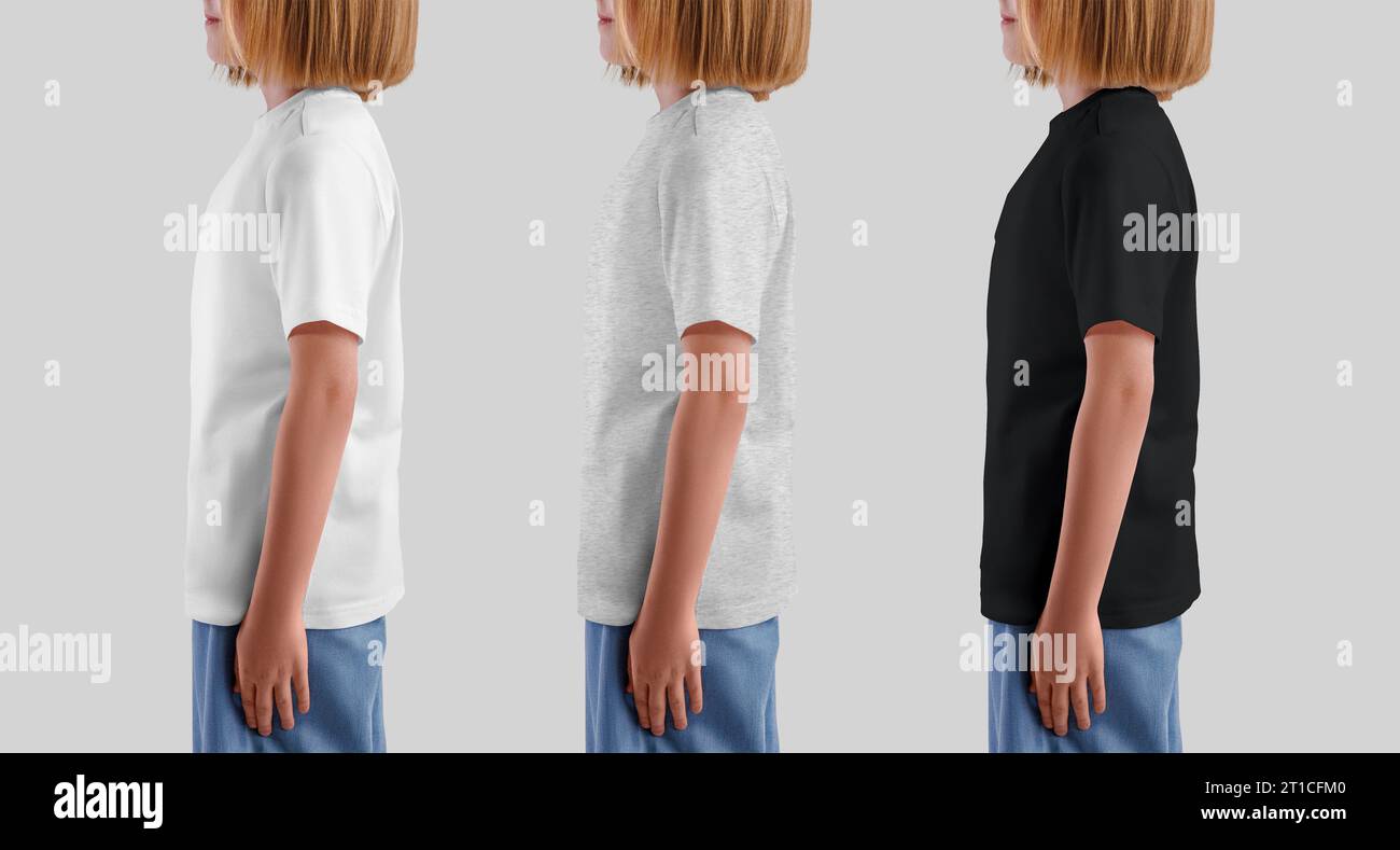Template of white, heather, black t-shirt on blonde girl, side view, isolated on background. Product photography. Mockup of casual clothes for design, Stock Photo