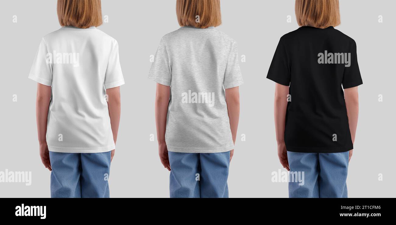 Mockup of white, heather, black t-shirt for a girl, kid's shirt back view for design, branding. Template of fashion clothes isolated on background. Ov Stock Photo