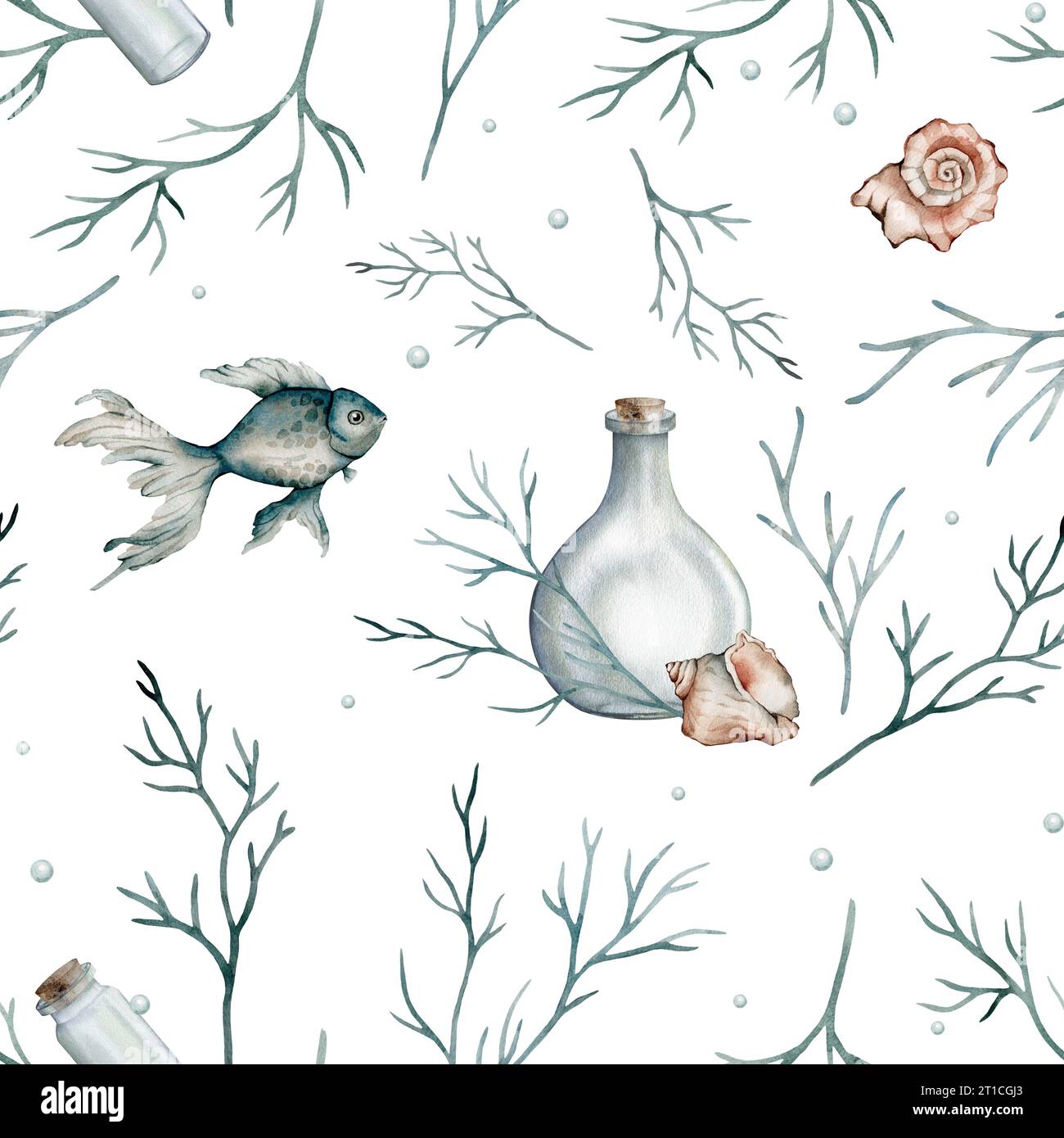 Seamless pattern with watercolor seaweed and coral, fish, shell. Hand ...