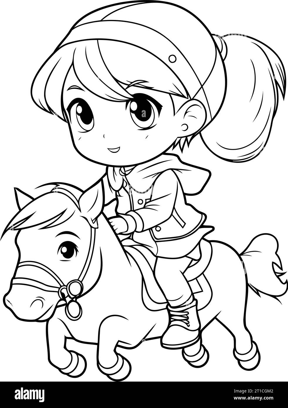 Coloring Page Outline Of a Cute Little Girl Riding a Horse Stock Vector