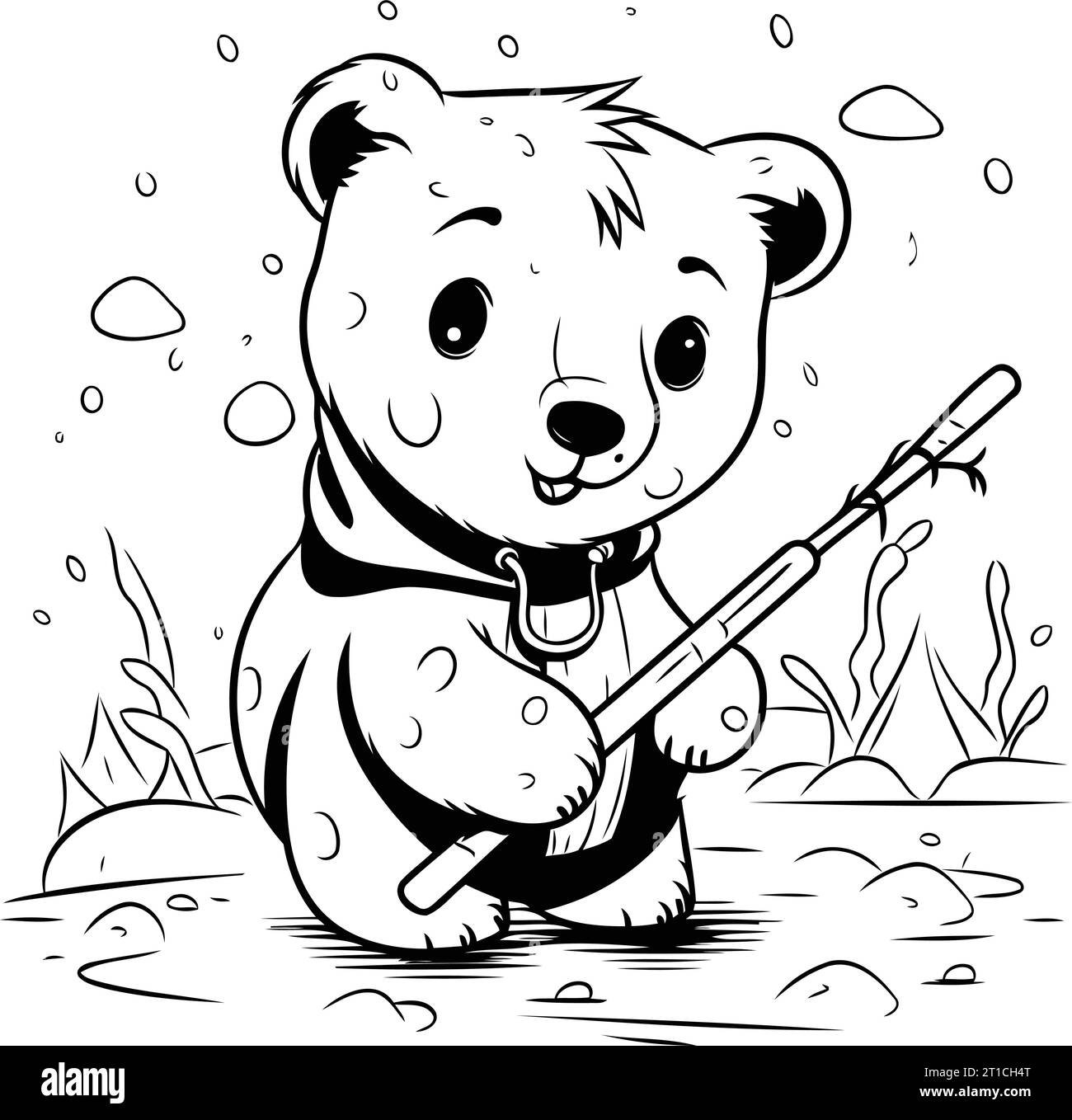 Polar bear with fishing rod. Vector illustration for coloring book