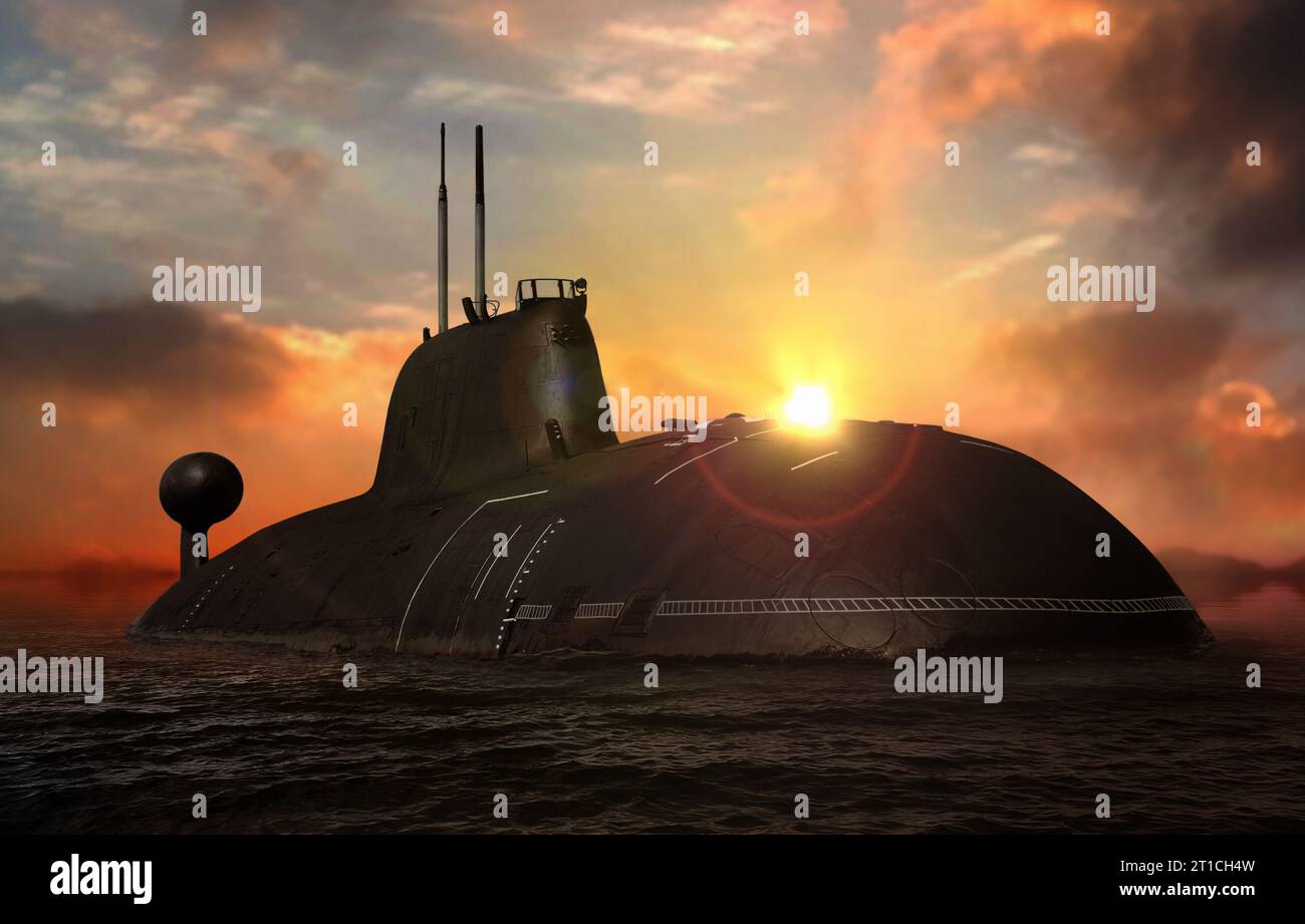 Naval submarine at sea surface during sunset Stock Photo