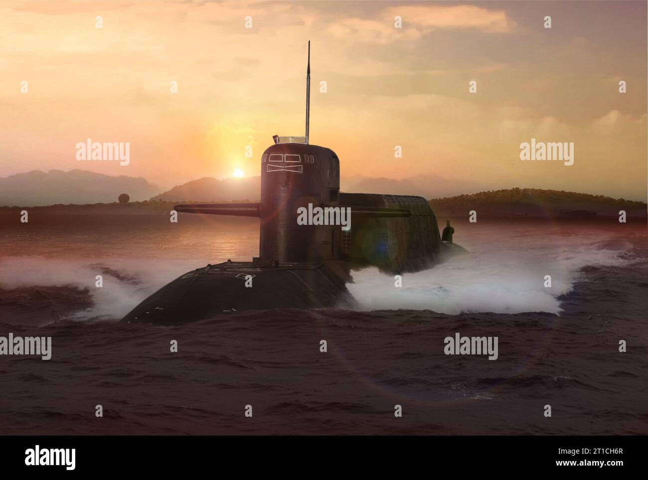 Navel nuclear submarine on open sea at sunset Stock Photo