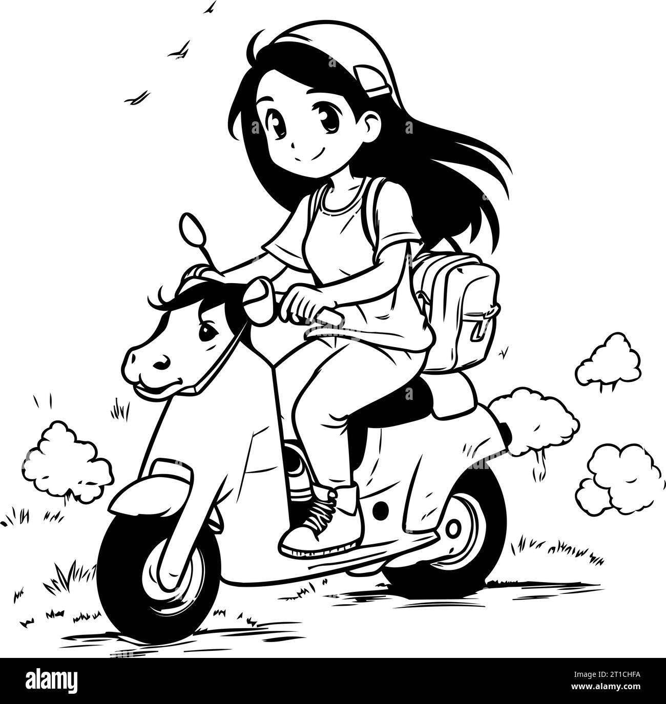 Cute little girl riding a scooter. Vector cartoon illustration Stock