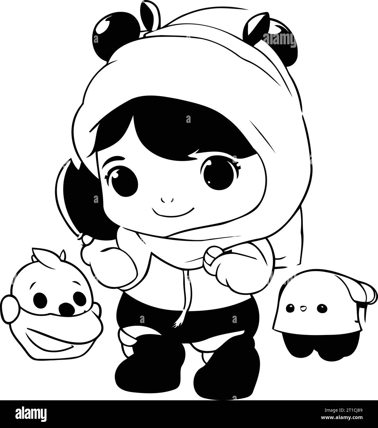 Cute little girl in panda costume with baby animals cartoon vector
