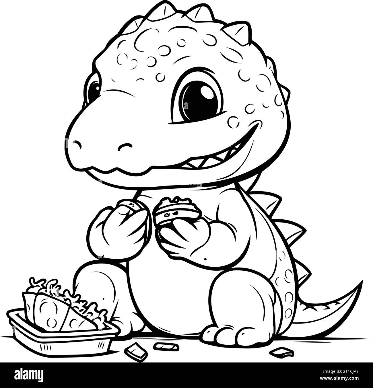 Illustration of a Cute Dinosaur Eating a Pastry. Coloring Book Stock