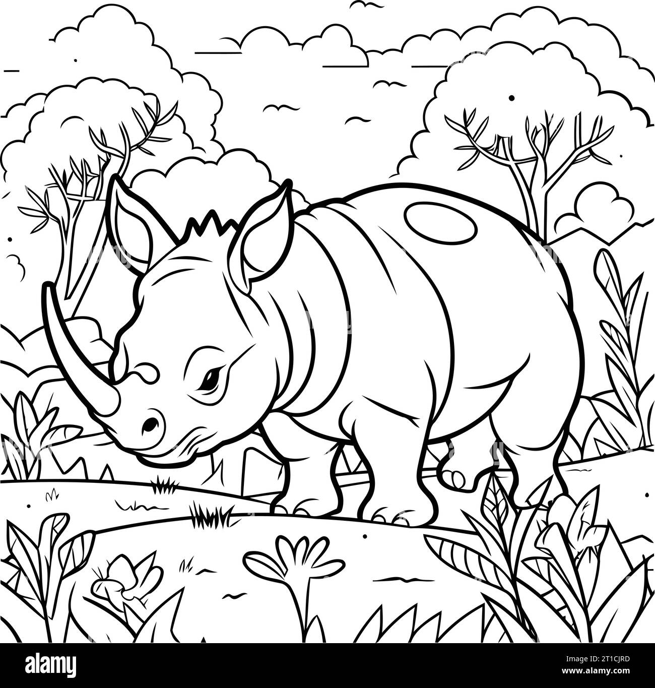 Rhinoceros in the jungle. Coloring book for children. Vector ...