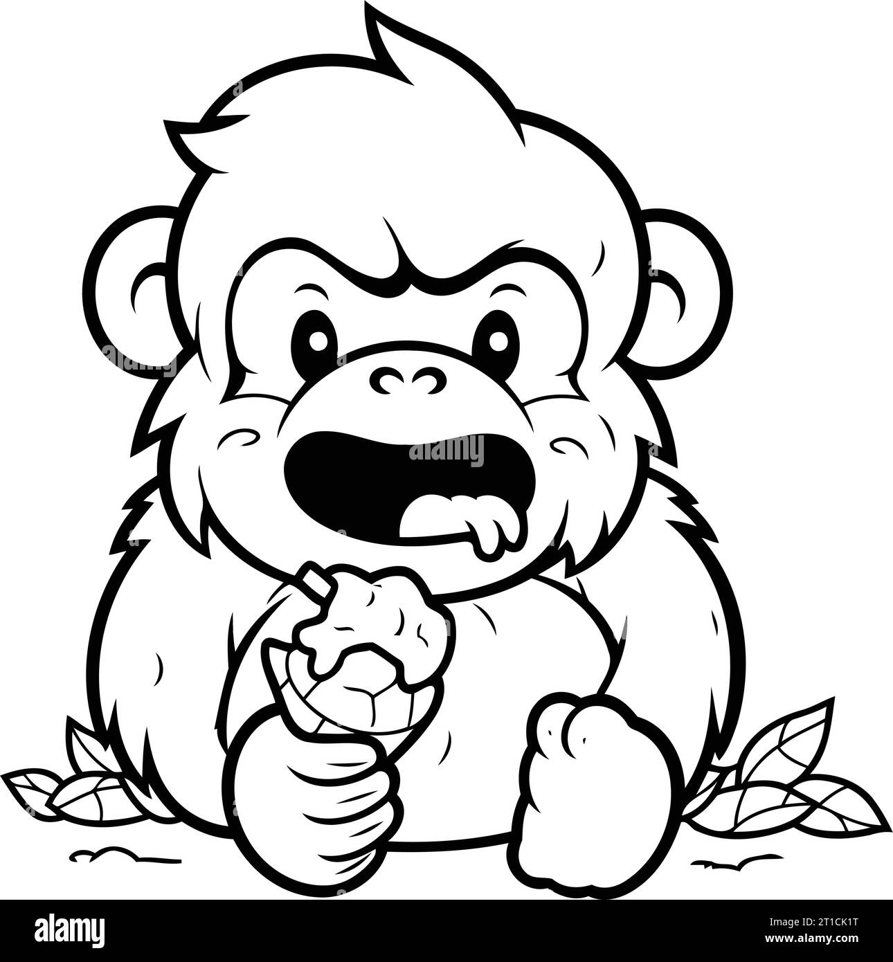 Monkey Eating Ice Cream Black and White Cartoon Illustration Stock