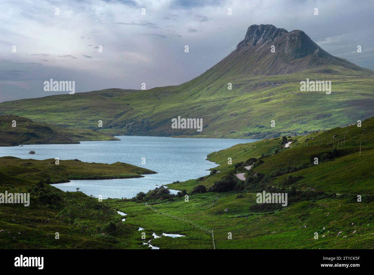Stac Pollaidh is a distinctive mountain located in the Assynt region of Sutherland, Scotland. Stock Photo