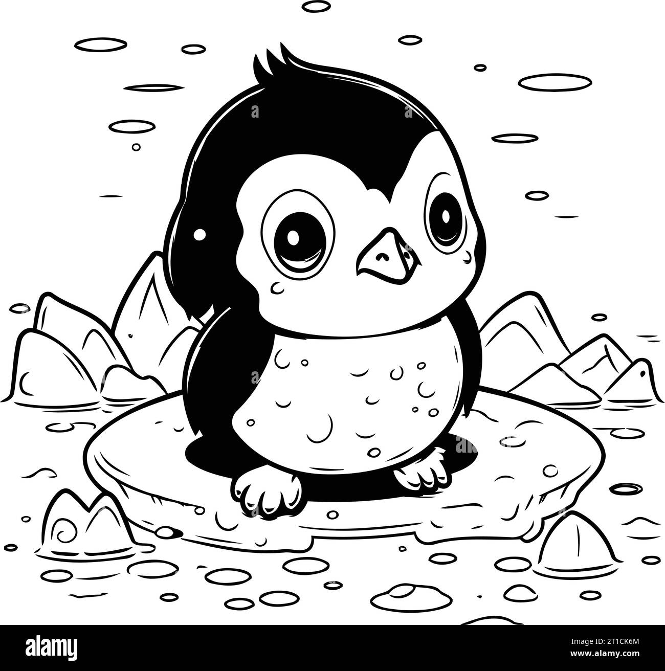 Cute penguin sitting on ice. Black and white vector illustration Stock