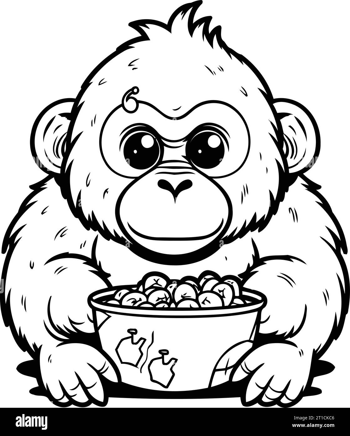 Black and White Cartoon Illustration of Monkey Eating Popcorn for