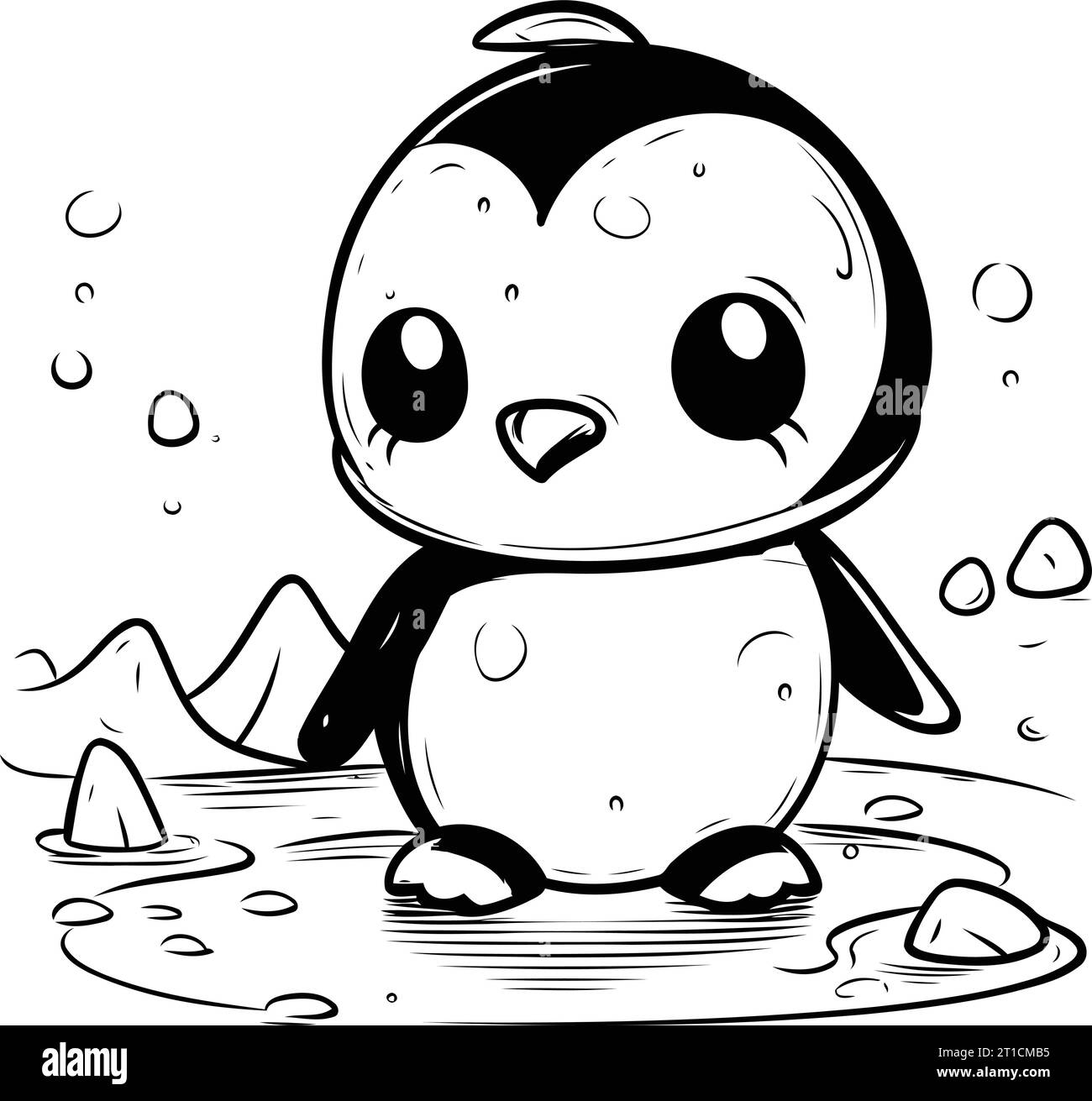Cute penguin in puddle. Black and white vector illustration Stock