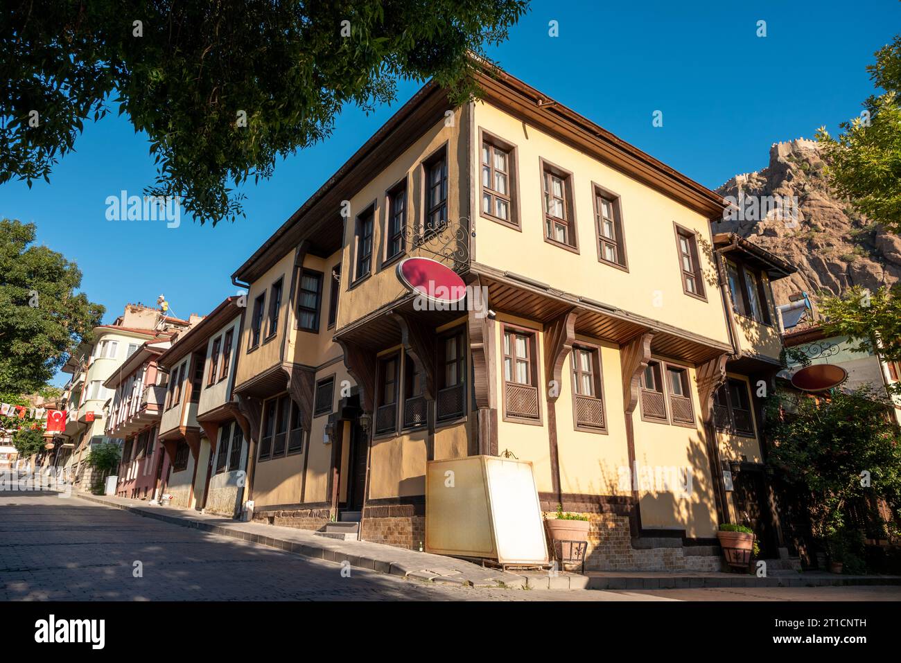 Restored historical Afyonkarahisar houses in various colors Stock Photo
