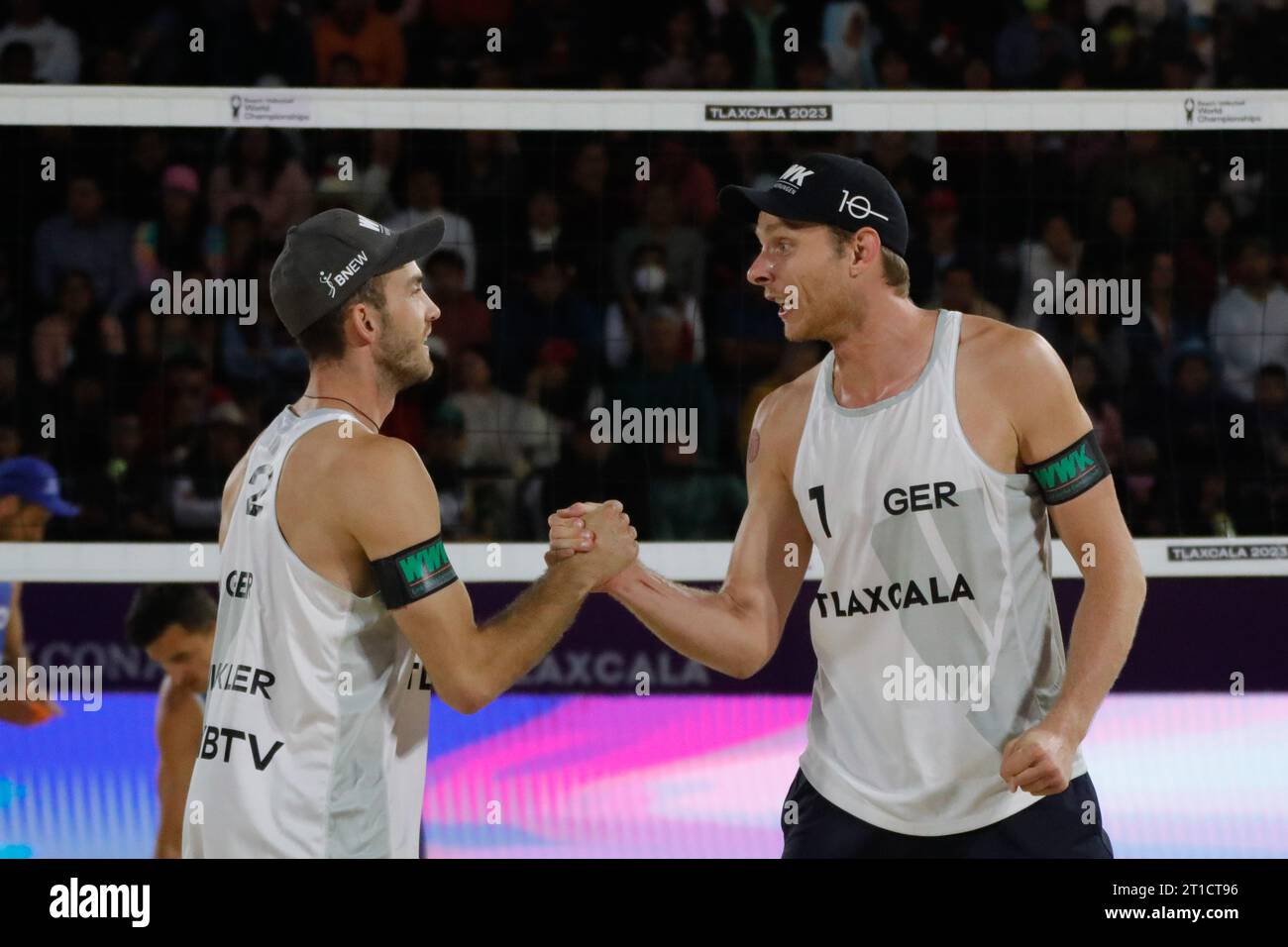 Tlaxcala, Mexico. 12th Oct, 2023. Nils Ehlers (R) and Clemens Wickler of Germany compite against team Poland during the Beach Volleyball World Cup Women's Quarterfinals between USA and Latvia. on October 12, 2023 in Tlaxcala, Mexico. (Credit Image: © Essene Hernandez/eyepix via ZUMA Press Wire) EDITORIAL USAGE ONLY! Not for Commercial USAGE! Stock Photo