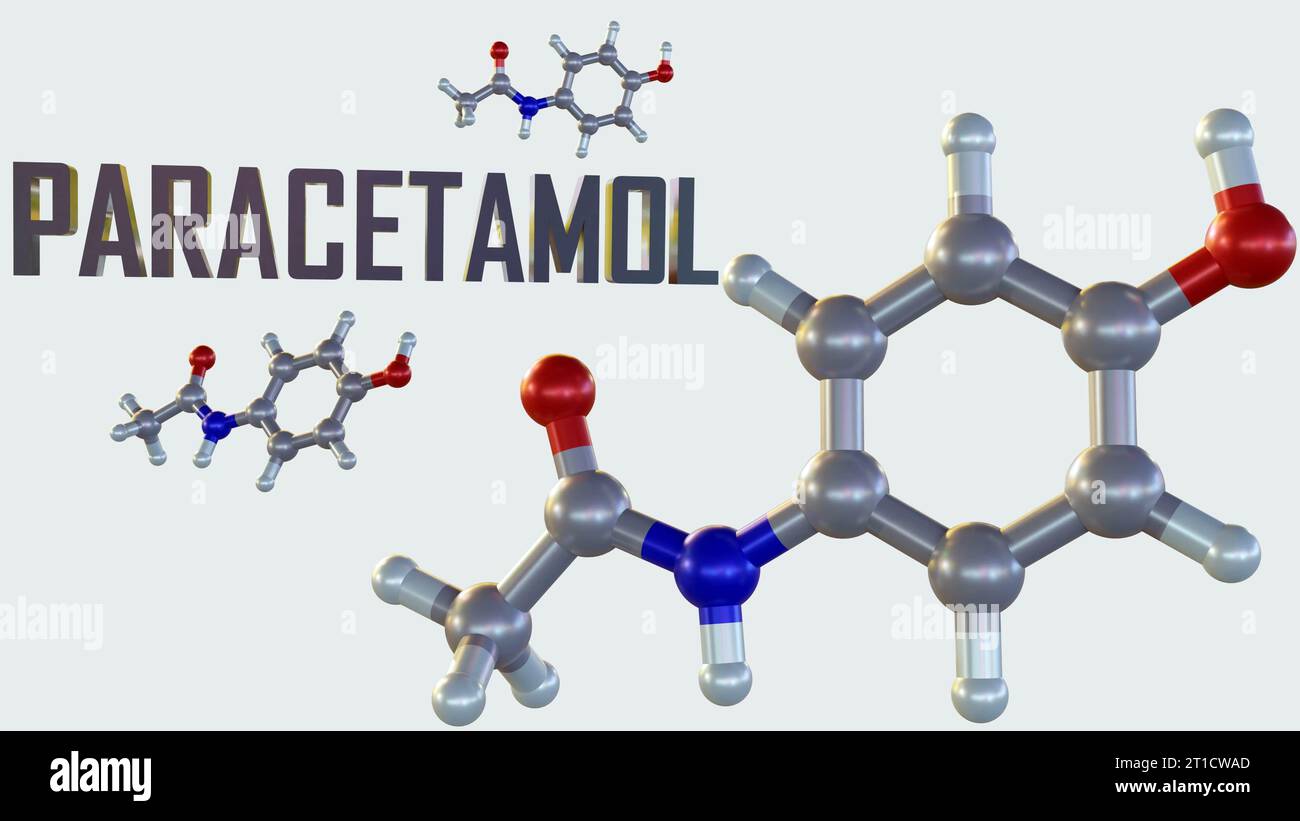 Isolated paracetamol molecule. paracetamol is an analgesic and antipyretic drug that is used to temporarily relieve mild pain and fever 3d rendering Stock Photo