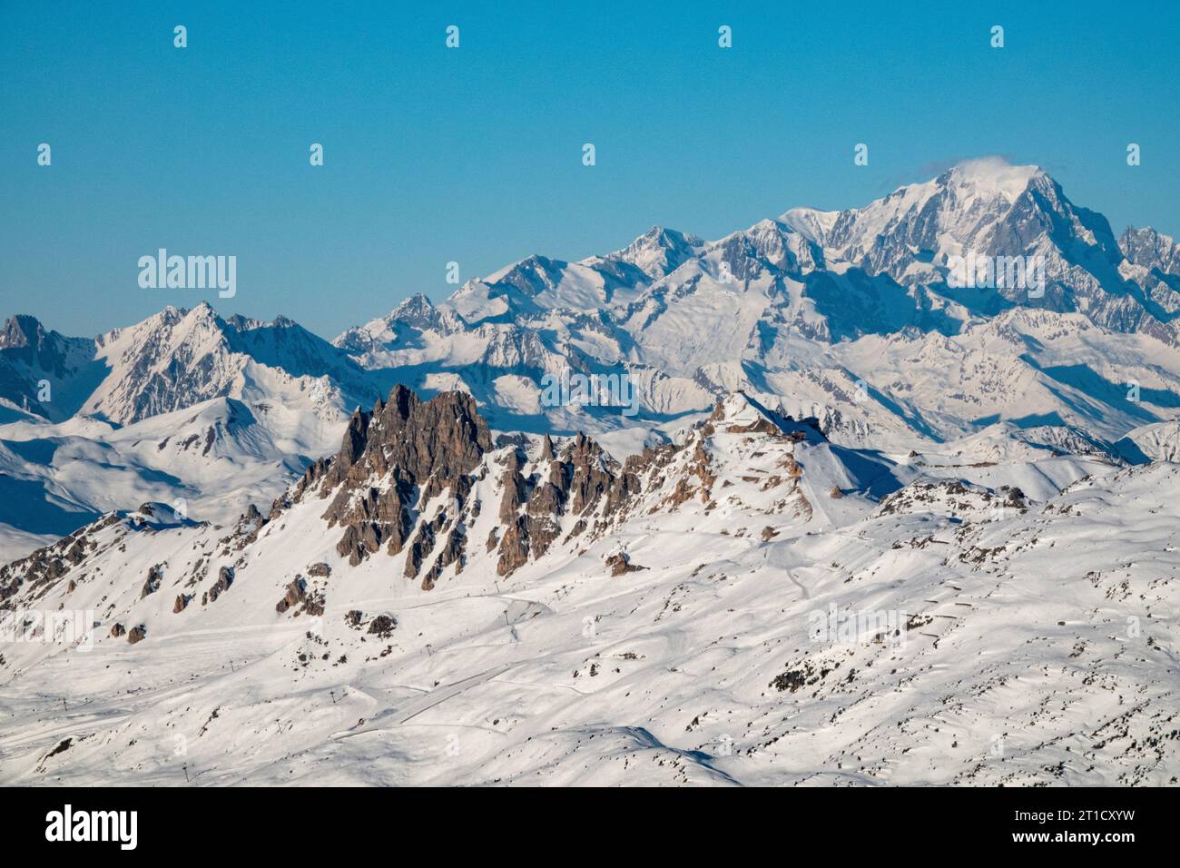 Mountain range in ski resort Trois Vallees, France Stock Photo
