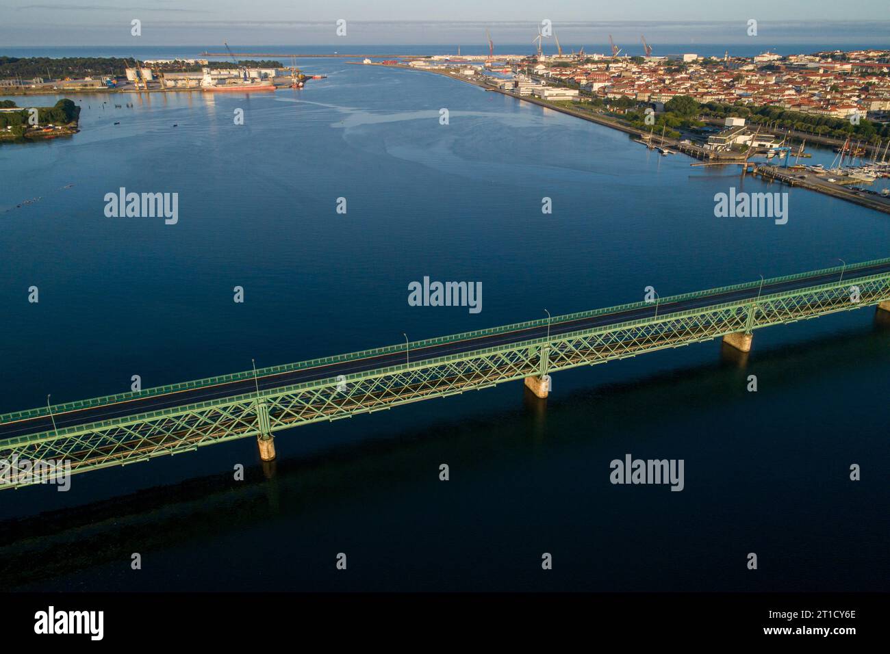 drone view of the old iron bridge over the river lima in Viana do Castelo, Portugal Stock Photo