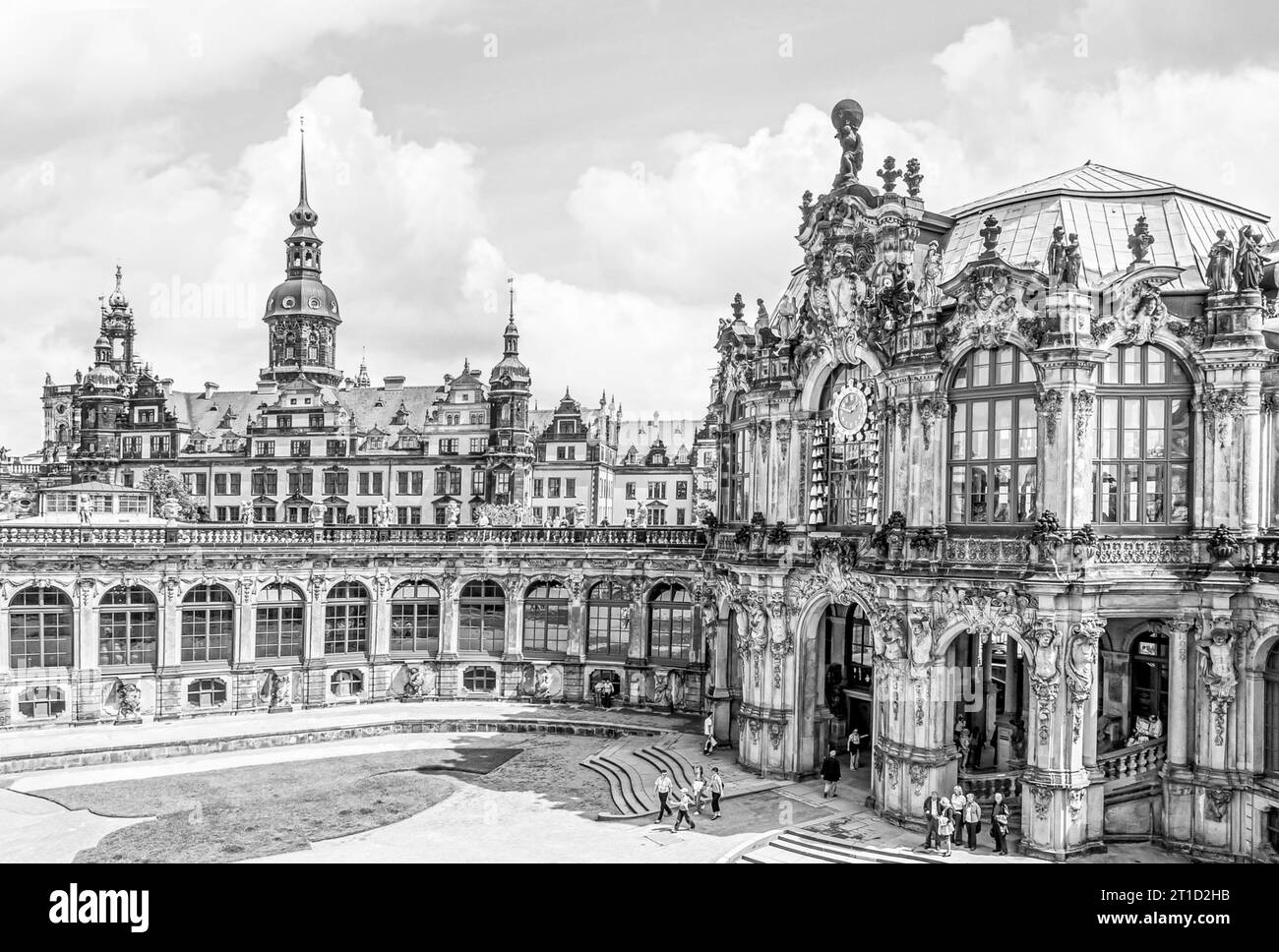 Bell Chime and Porcelain Collection at the Zwinger Palace, with the Residenzschloss Dresden at the backround, Germany in black and white Stock Photo