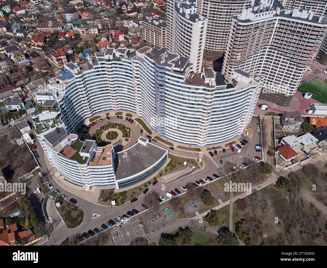 aerial top view from drone on modern large residential building, no ...