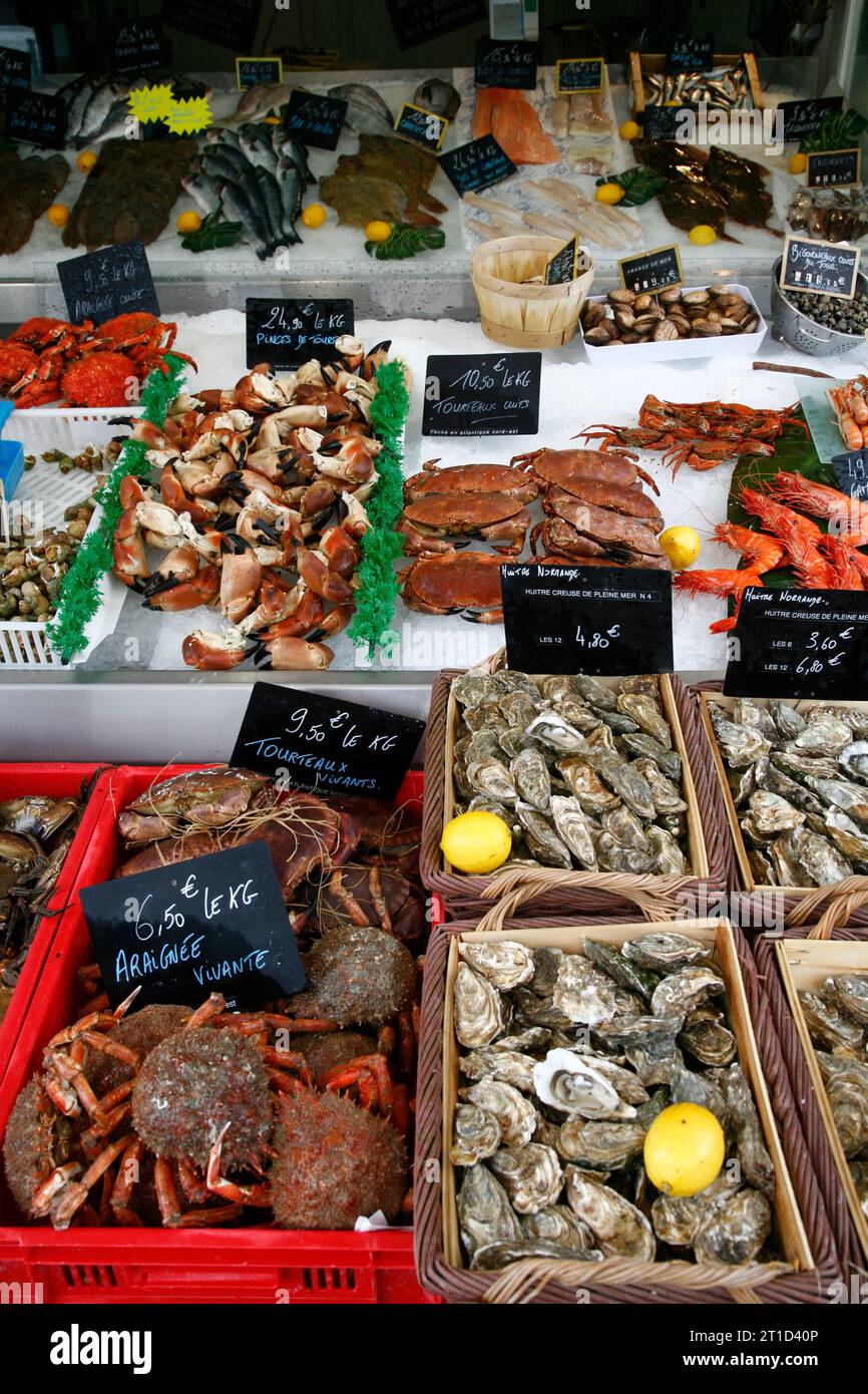 Sea food market by the fishing port in Trouville. Normandy, France. Stock Photo