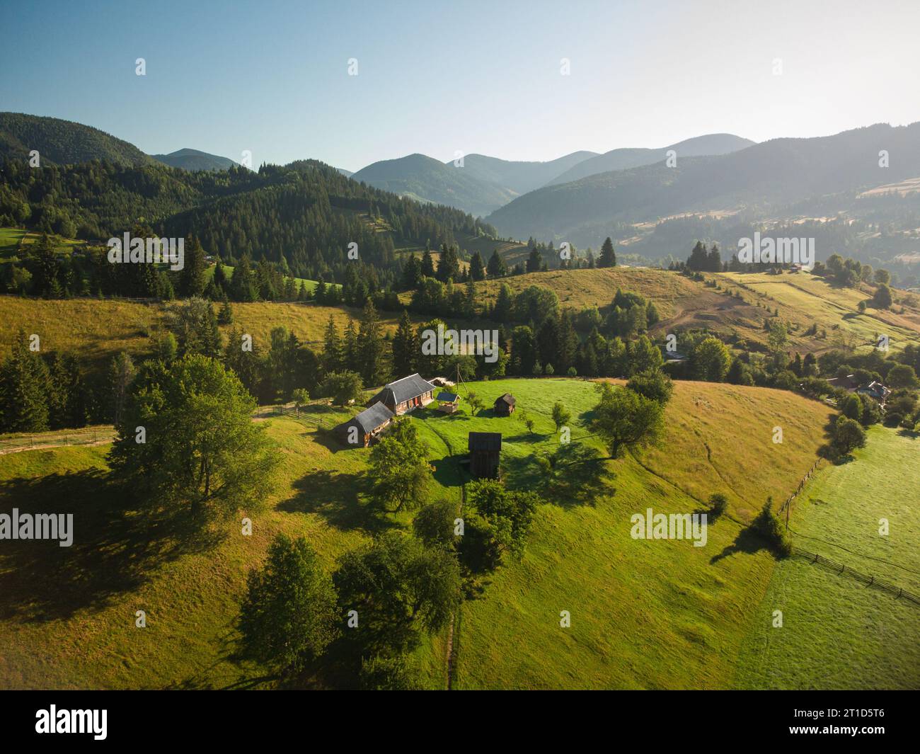 Aerial top down view of Mountain Village in Carpathians in Summer day ...