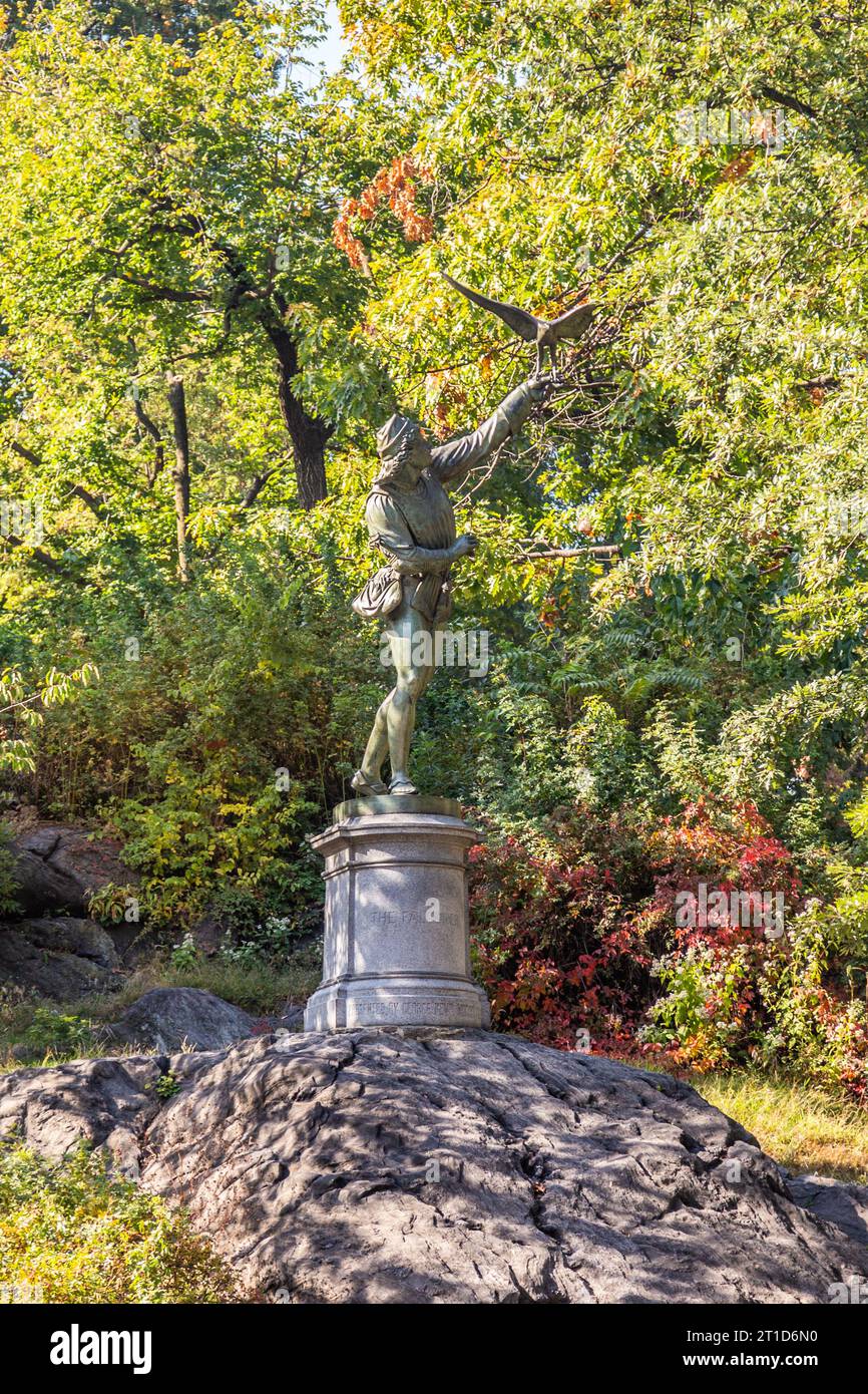 New York, USA October 21, 2015 The Falconer is a bronze sculpture in
