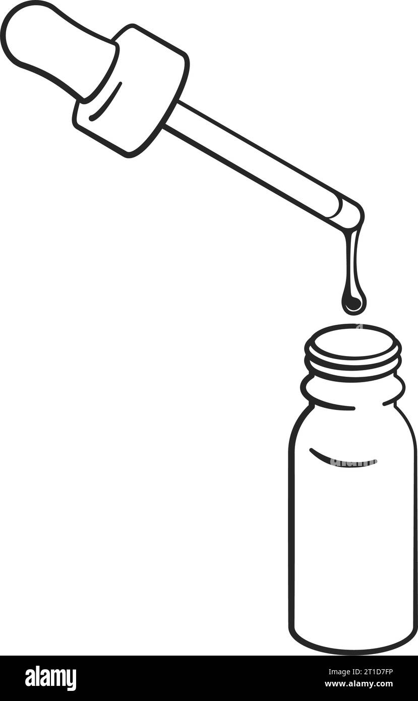 Eye dropper and glass bottle with liquid drop line drawing vector Stock Vector
