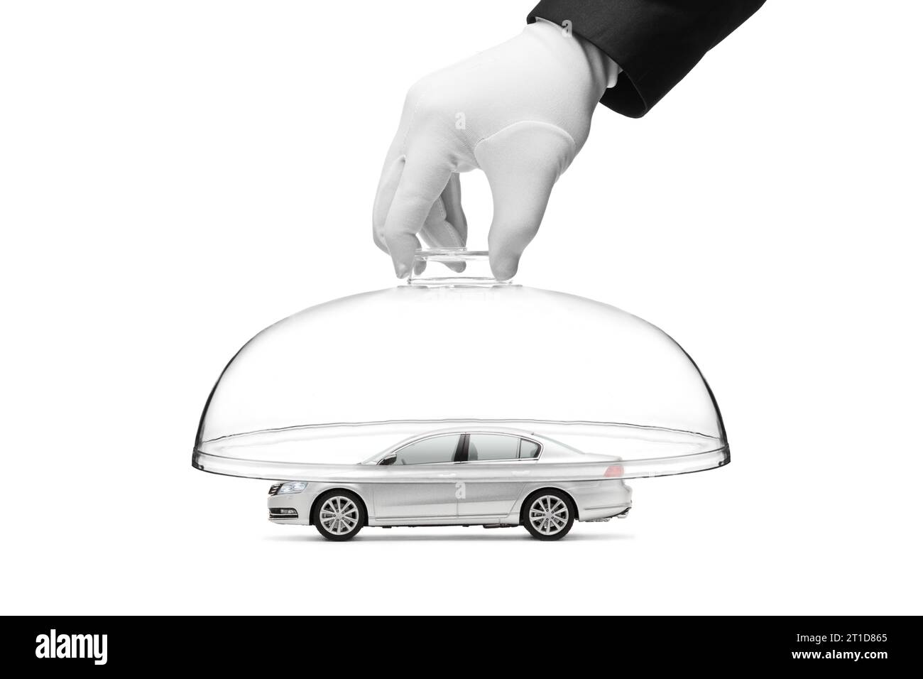 A gloved hand putting a glass dome over a car symbolizing car security and car insurance concept isolated on white background Stock Photo